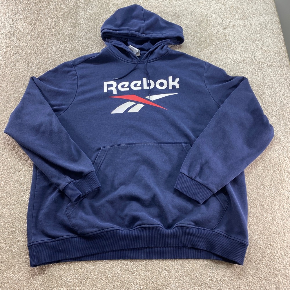 Reebok Sweatshirt Mens Large Navy Blue Hoodie Logo Graphic Pullover Pockets